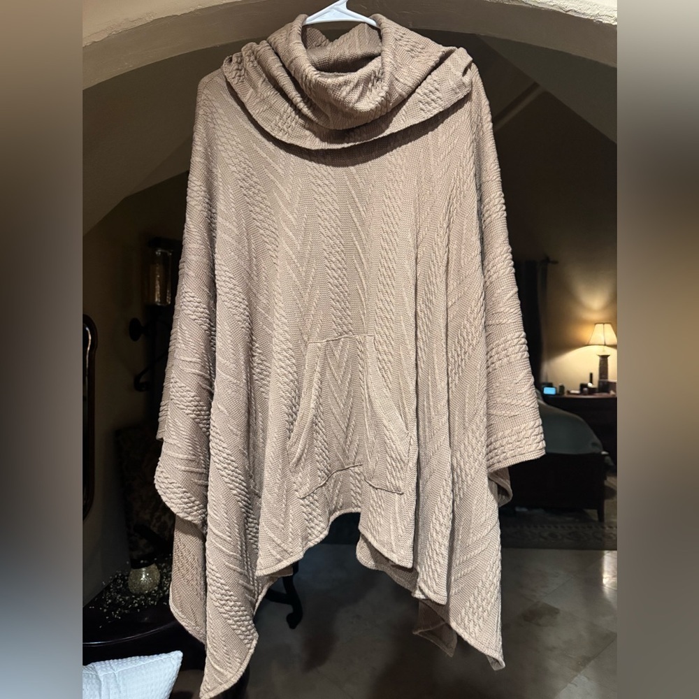 Le Mode Beige Poncho Sweater With Cowl Neck